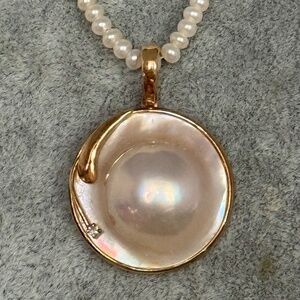 VTG  mobe pearl + diamond 14k gold hinged bale pendant gorgeous pearl enhancer
